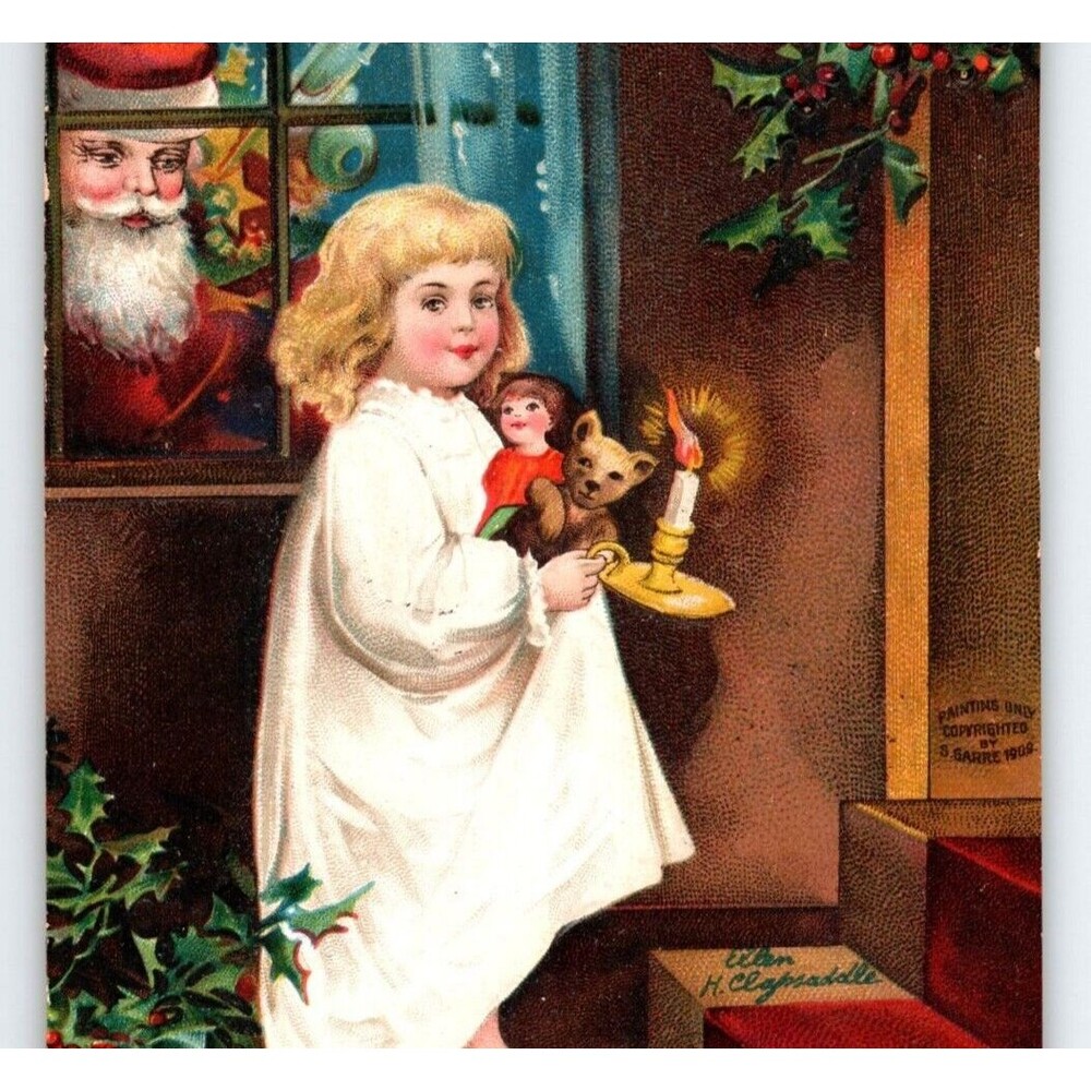 Santa Claus At Window Christmas Postcard Ellen Clapsaddle RARE Signed 1909 Girl